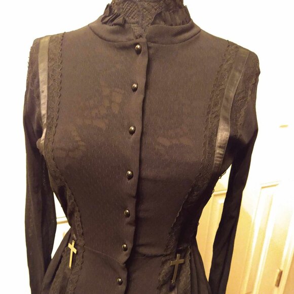 Vintage Tops - Vintage Lace Blouse w Metal Crosses, Ruffled Collar & Cuffs, Polka Dots OOAK